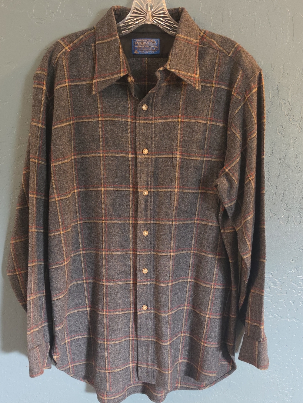 VTG Virgin Wool USA Pendleton Grey & Red Plaid Wool Button-Down Shirt